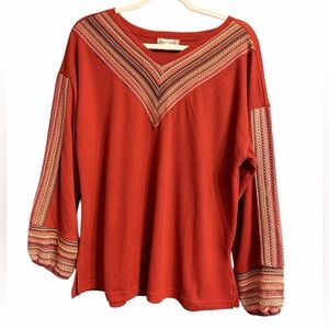 Casual Express Boho Top Size Small Burnt Orange Embroidered V-Neck